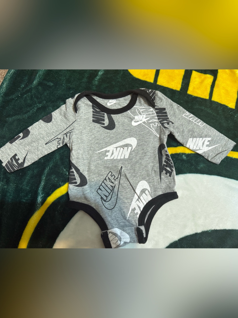 Nike Gray Logo Print Long-Sleeve Baby One-Piece with Black Trim